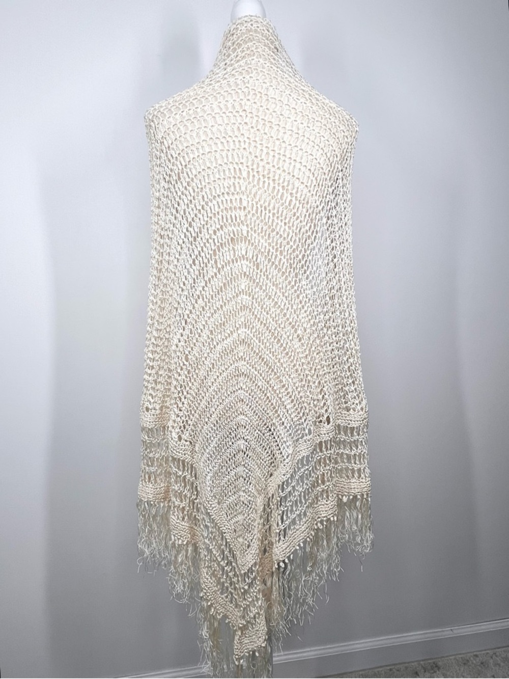 VTG Sally Gee Rayon Crochet Shawl Scarf With Fringe Cream Festival Boho Witchy